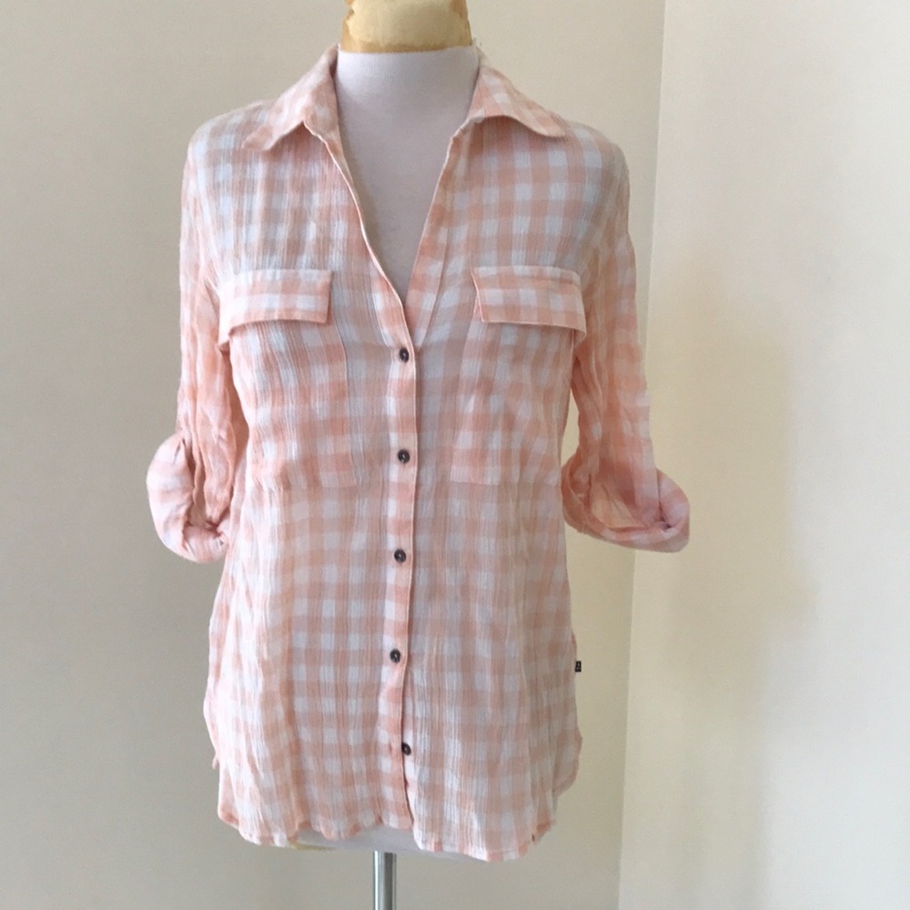 William Rast small peach combo checked front button top.